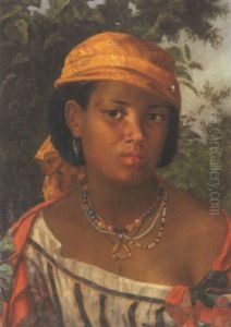 Portraet Af Ung Sydamerikansk Kvinde Med Orange Torklaede by Joaquim Cuadras