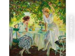 Zwei Damen Unter Lichtdurchfluteten Baumen by Edward Cucuel