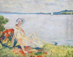 Femme Assise A L'ombrelle Sur Le Lac