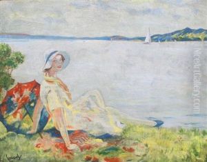 Woman With Umbrella By The Sea by Edward Cucuel
