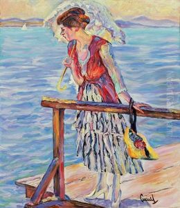 Junge Frau Mit Sonnenschirm Am Starnberger See by Edward Cucuel