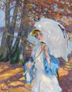 Dame Mit Sonnenschirm Im Herbstlaub Am Ammersee
