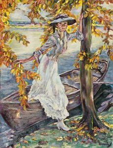 Elegant Gekleidete Dame Steigt Aus Einem Nachen Aus. Uferstuck Am Starnberger See by Edward Cucuel