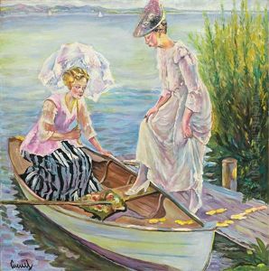 Zwei Damen Besteigen Einen Nachen. Uferstuck Am Starnberger See by Edward Cucuel