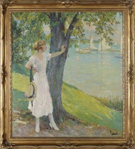 Nach Der Regatta, Junge Frau Im Sommerkleid Am Ufer Des Starnberger Sees by Edward Cucuel