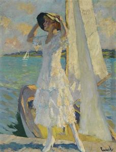 Frau Auf Dem Steg Mit Einem Kahn Am Ufer Des Starnberger See by Edward Cucuel