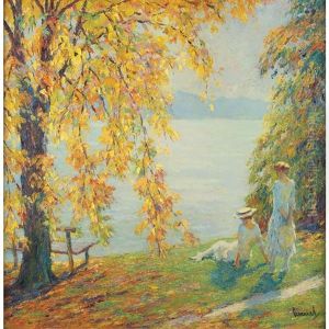 Two Girls In White Beside A Lake In Autumn by Edward Cucuel