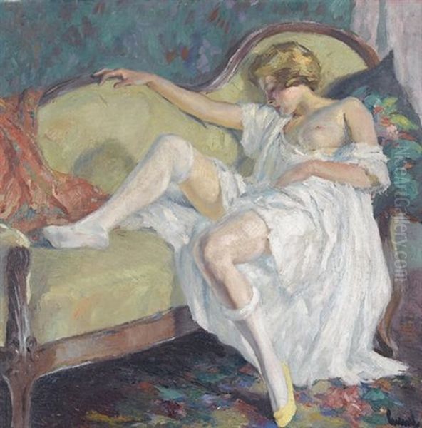 Schlafende Dame Auf Grunem Sofa - view 1