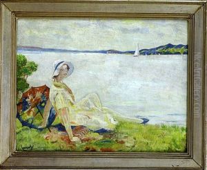 Madchen Mit Sonnenschirm Und Hut An Einem See Liegend by Edward Cucuel