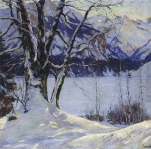 A Frozen Lake In A Mountainous Winter Landscape by Edward Cucuel