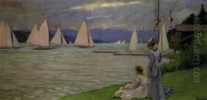 Zwei Damen Am Seeufer, Segelboote Betrachtend by Edward Cucuel