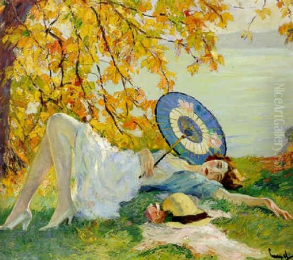 Woman Reclining By A Lake - view 1