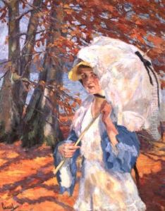Dame Mit Schirm Am Herbstlichen Ufer Eines Sees Dame Mit Schirm Am Herbstlichen Ufer Eines Sees