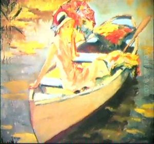 Madchen Im Boot [verso: Dampfschiffen Bei     Sonnenuntergang [med: Olstudie; Ca: 1920]