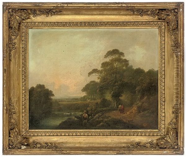 An Angler On A River Bank (+ Travellers Before A Stream, An Extensive Landscape Beyond; Pair) - view 1