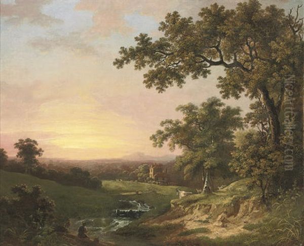 A Wooded River Landscape At Dusk, With An Angler In The Foreground And A Cottage Beyond - view 1