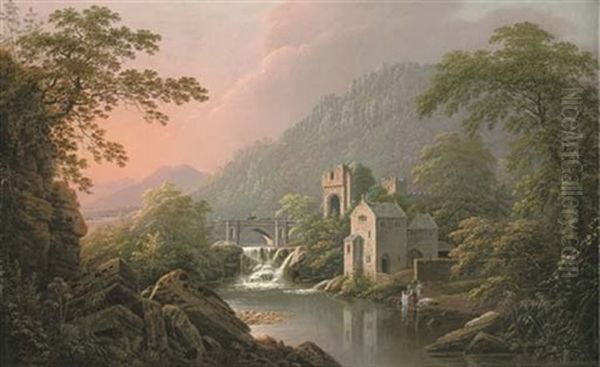 A River Landscape, Probably The Banks Of The River Swale, North Yorkshire, With A Castle By A Weir And Washerwomen By A Boat House - view 1
