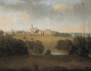 View Of House And Church In A Park, With Lake And Sheep In Foreground View Of House And Church In A Park, With Lake And Sheep In Foreground
