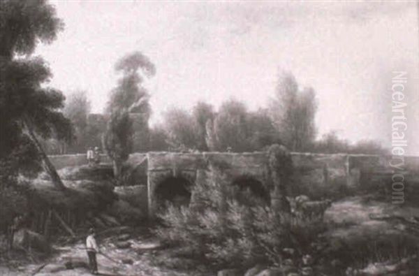 A Young Boy Fishing In A River Landscape By A Bridge - view 1