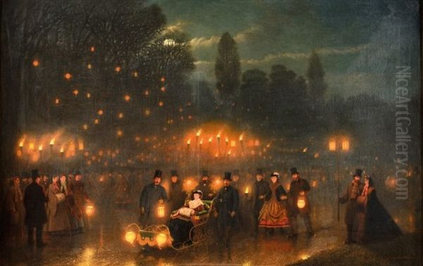 L"empereur Napoleon Iii, L"imperatrice Et La Cour, Patinant Lors D"une Retraite Au Flambeau Au Bois De Boulogne - view 1