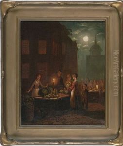 A Moonlit City Market With Figures Buying Fruit And Vegetables At A Candlelit Table by Johann Mongels Culverhouse