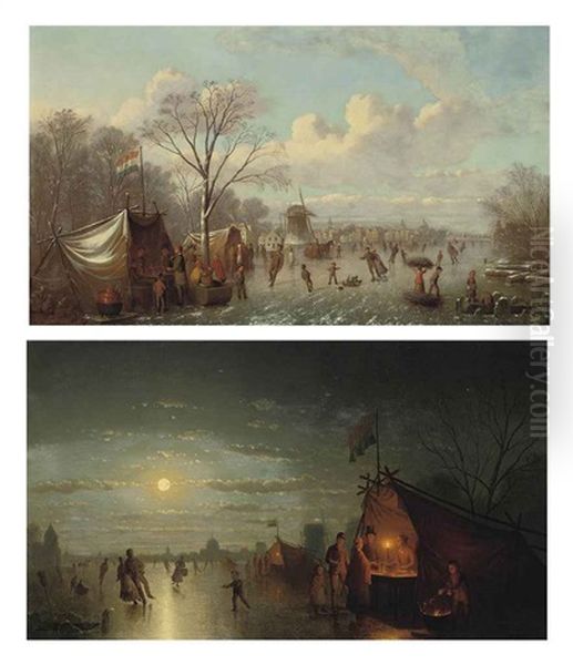 Selling Refreshments On The Ice (+ Skaters Before A Riverside Town; Pair) - view 1