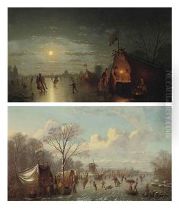 Selling Refreshments On The Ice (+ Skaters Before A Riverside Town; Pair) by Johann Mongels Culverhouse