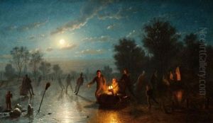 Nighttime Winter Landscape With Skaters And A Koek En Zopie Nighttime Winter Landscape With Skaters And A Koek En Zopie