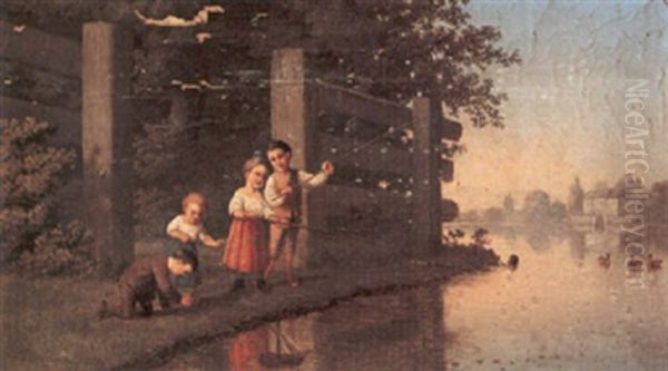 Children Playing By A River - view 1