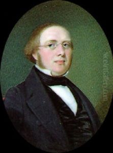 A Gentleman, Wearing Spectacles, Black Coat And Matching Waistcoat, Seated In A Red Upholstered Chair by Thomas Seir Cummings