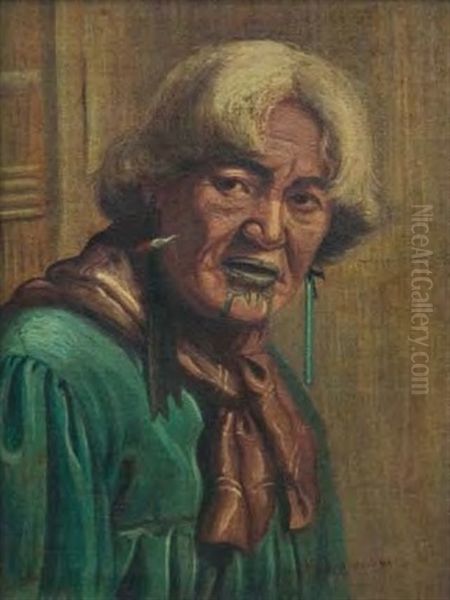 Maori Woman With Moko And Greenstone Earring - view 1