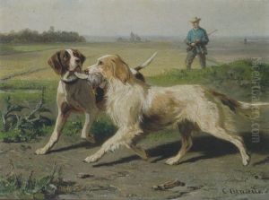 Twee Jachthonden Met Hun Prooi En Een Jager by Conradyn Cunaeus