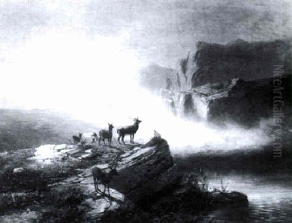 A Rocky Landscape With Deer By A Stream - view 1
