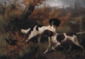 Two Spaniels Putting A Pheasant by Conradyn Cunaeus