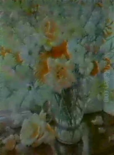 A Still Life Of Summer Flowers In A Glass Jug, A Window     Beyond - view 1
