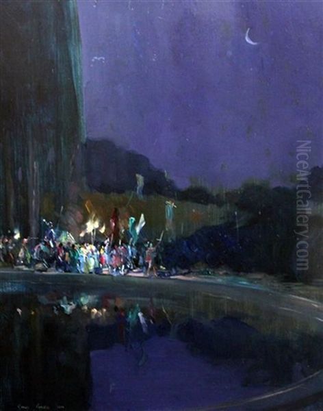 A Night Time Festival Procession Beside A Lake - view 1