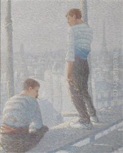 Two Construction Workers Overlooking Paris With The Eiffel Tower In The Distance