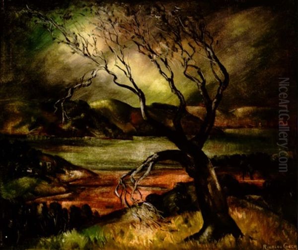 A Tree Overlooking A Coastal Village On A Stormy Day - view 1