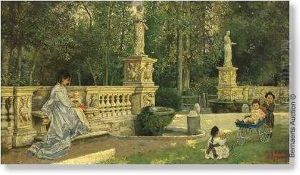 Park Scenewith Mother And Children. Panel (mahogany). Signed 'p.j.antoine /roma' by Pierre Joseph Antoine