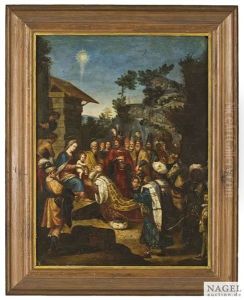 Die Anbetung Der Konige Mit Zahlreichen Umstehenden Vor Landschaftshintergrund