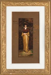 Young Lady With Hat With Floral Background by Charles Curran