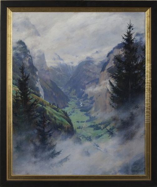 Mountainous Landscape With Valley And Waterfall - view 1