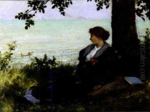 Woman In Blue Seated By The Seashore, Boats In The Distance - view 1