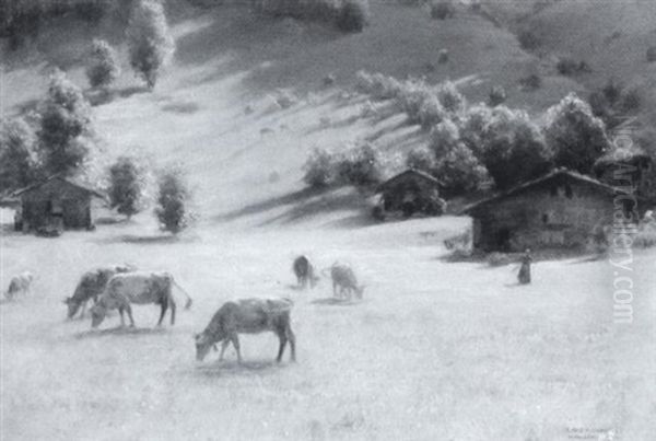 Swiss Pastures With Cattle And Shepherdess - view 1