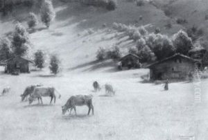Swiss Pastures With Cattle And Shepherdess Swiss Pastures With Cattle And Shepherdess