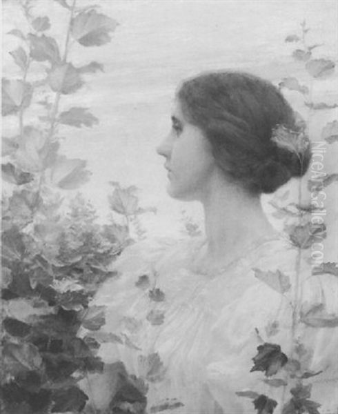 Young Beauty Among The Hollyhocks - view 1