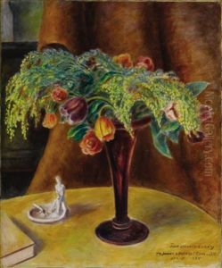 Still Life With Roses, Tulips And Mimosa by John Steuart Curry