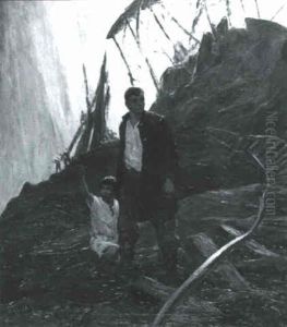 Man And Boy At Site Of Railroad Trestle Collapse by John Steuart Curry