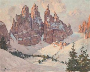 Blick Auf Die Drei Zinnen In Den Winterlichen Dolomiten by Robert Franz Curry
