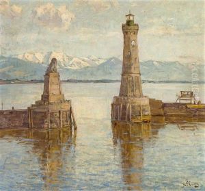 Blick Auf Die Hafeneinfahrt Von Lindau Mit Schneebedeckten Osterreichischen Alpen by Robert Franz Curry